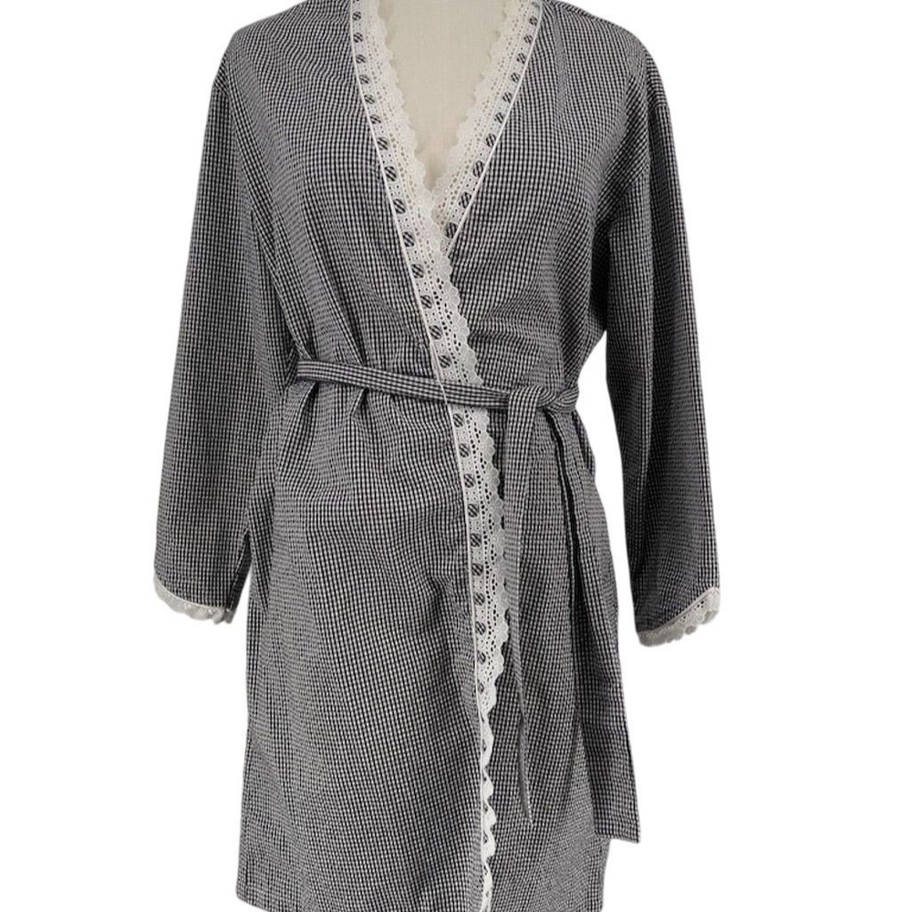 Eileen West Kimono Robe XS Seersucker Gingham Black Check Lace Trim 3/4 Sleeve